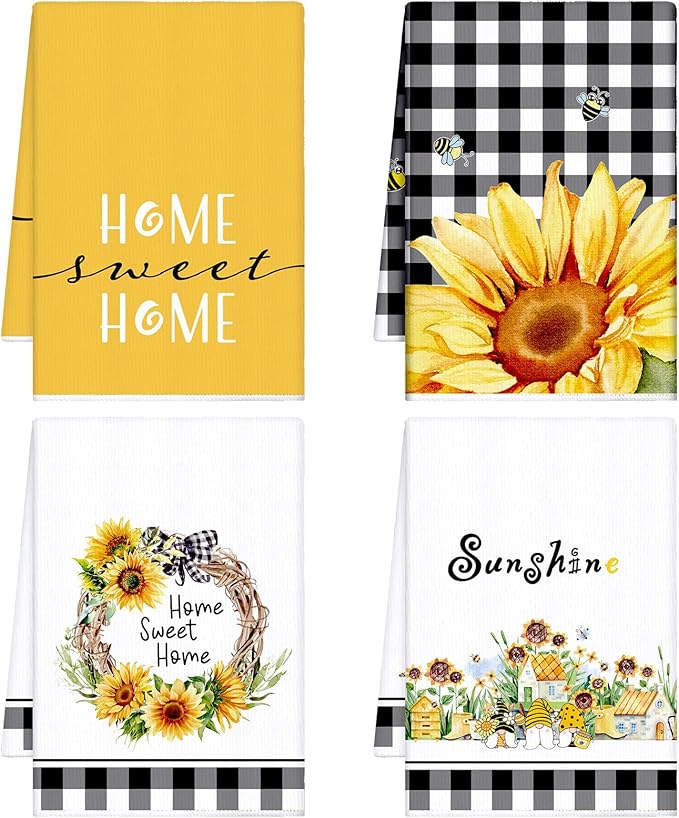 Bencailor 4 Pcs Sunflower Kitchen Towels Flower Floral Spring Hand Dish Towels