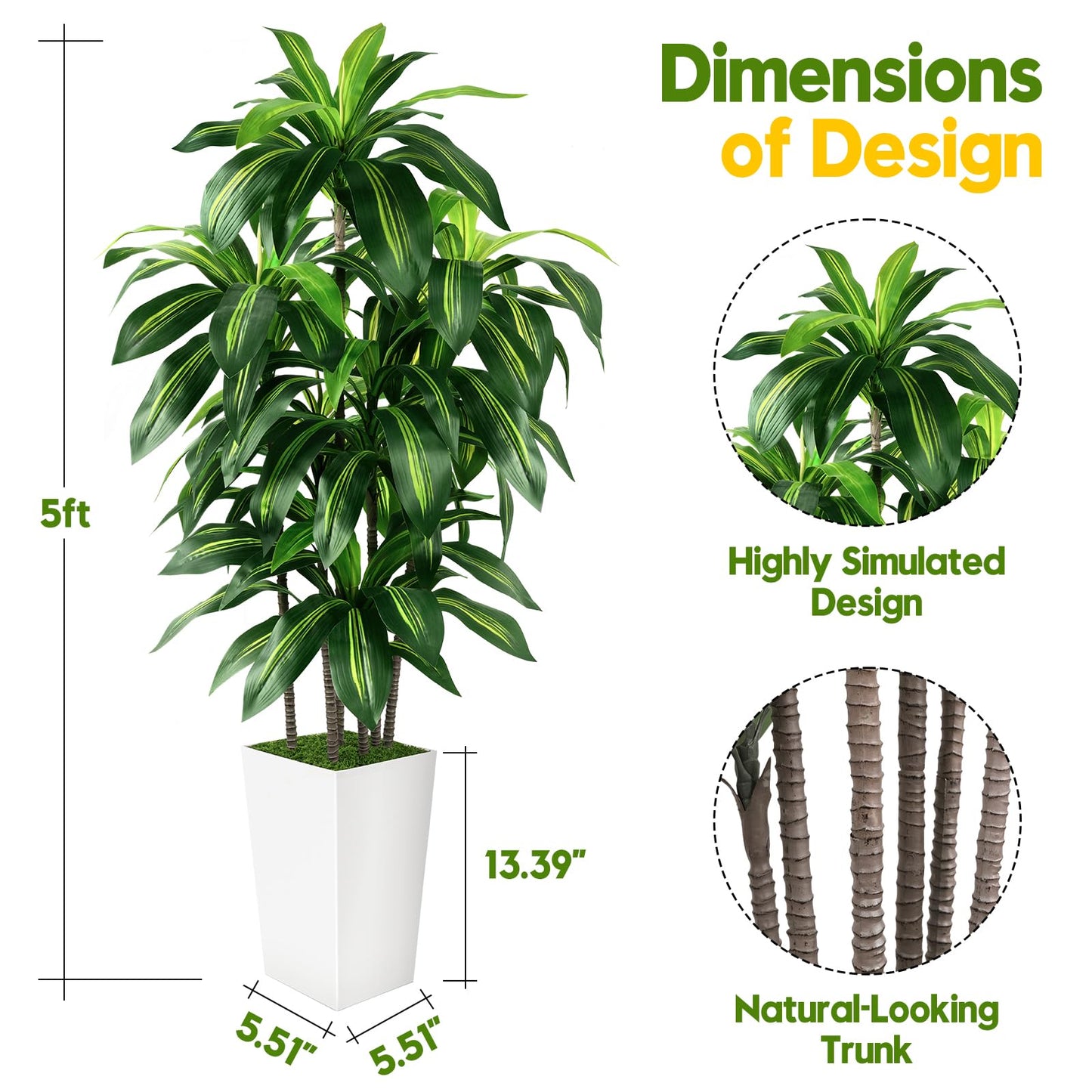 Artificial Dracaena Tree Indoor, 5FT Tall Fake Tree with White Tall Planter, Artificial Tree Fake Yucca Potted Tree for Home Office Living Room Decor, Tall Artificial Plant for Housewarming