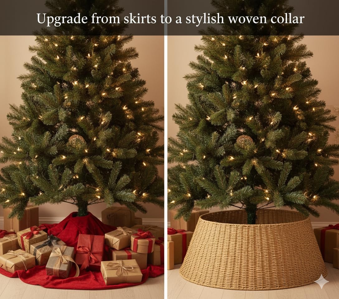 27in Farmhouse Christmas Tree Collar - Tree Basket - Natural Woven - Base Cover for Christmas Tree - Tree Skirt - Tree Ring