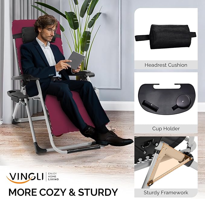 VINGLI Padded Zero Gravity Chair, Lounge Chair with Removable Cushion & Tray， Folding Reclining Patio Chairs， Recliner Chair for Lawn，Indoor Outdoor-Red