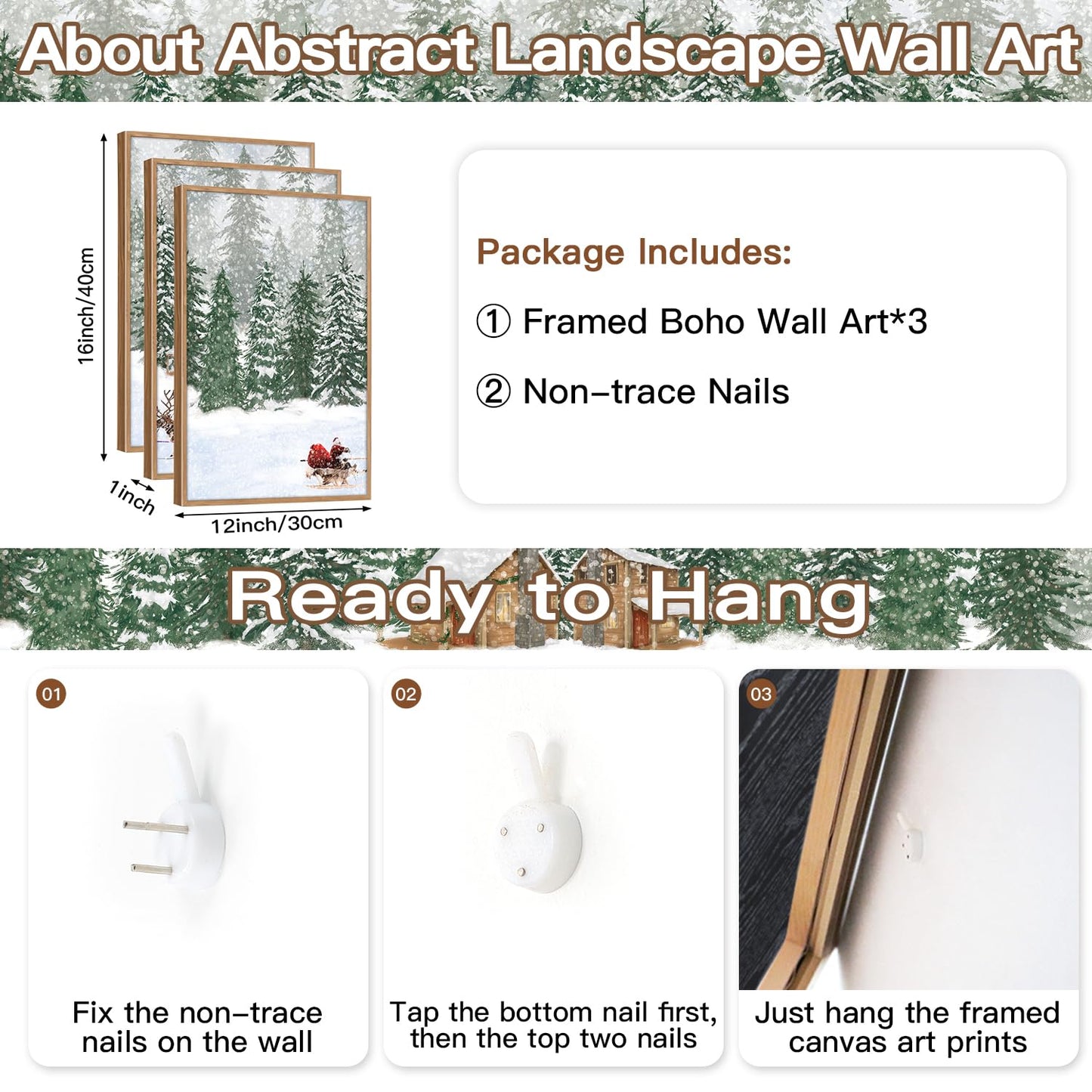CHDITB Santa Claus Reindeer Sleigh Framed Canvas Wall Art(12"x16"), 3 Panels Christmas Winter Holiday Artwork Prints, Large Rustic Xmas Gift Snow Scene Forest Landscape Decor for Home Office Bedroom