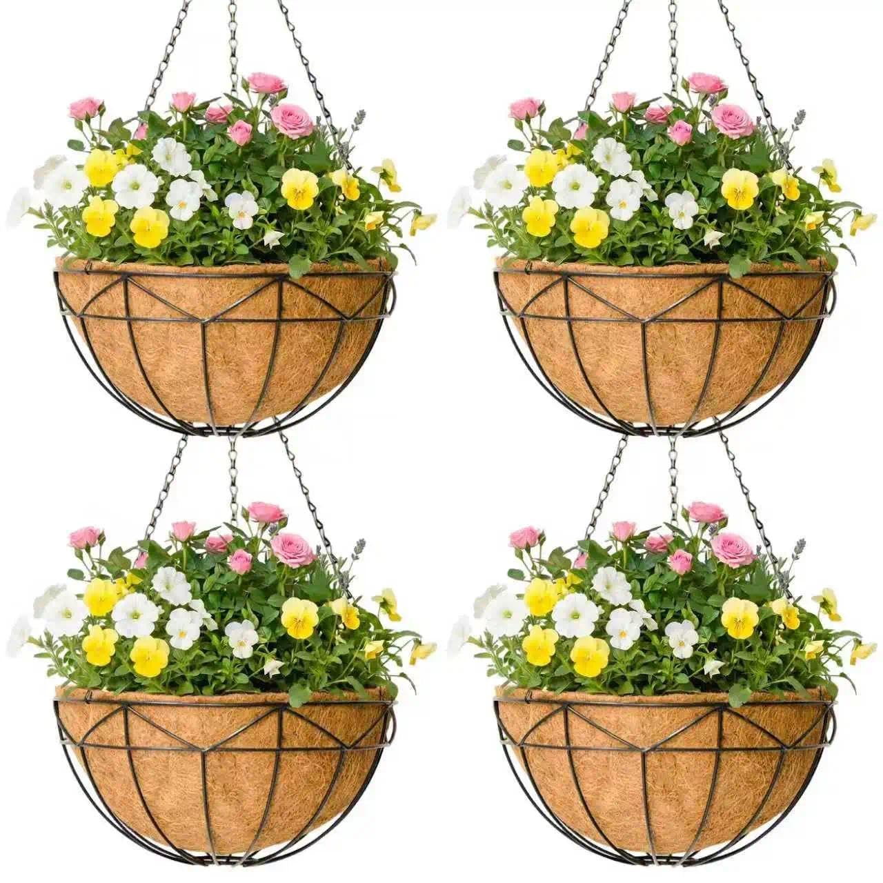 ZVOWOS 4 Pack 14 Inch Black Metal Hanging Planter Baskets with Coco Coir Liner Sturdy Hanging Flower Basket for Outdoor Indoor Garden Porch Patio Balcony Decor (Geometric)