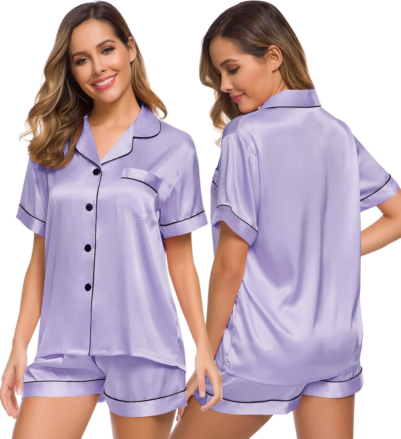 SWOMOG Womens Silk Satin Pajamas Set Short Sleeve Sleepwear Button Down Top and Shorts Loungewear 2 Piece Pjs Set XS-3XL