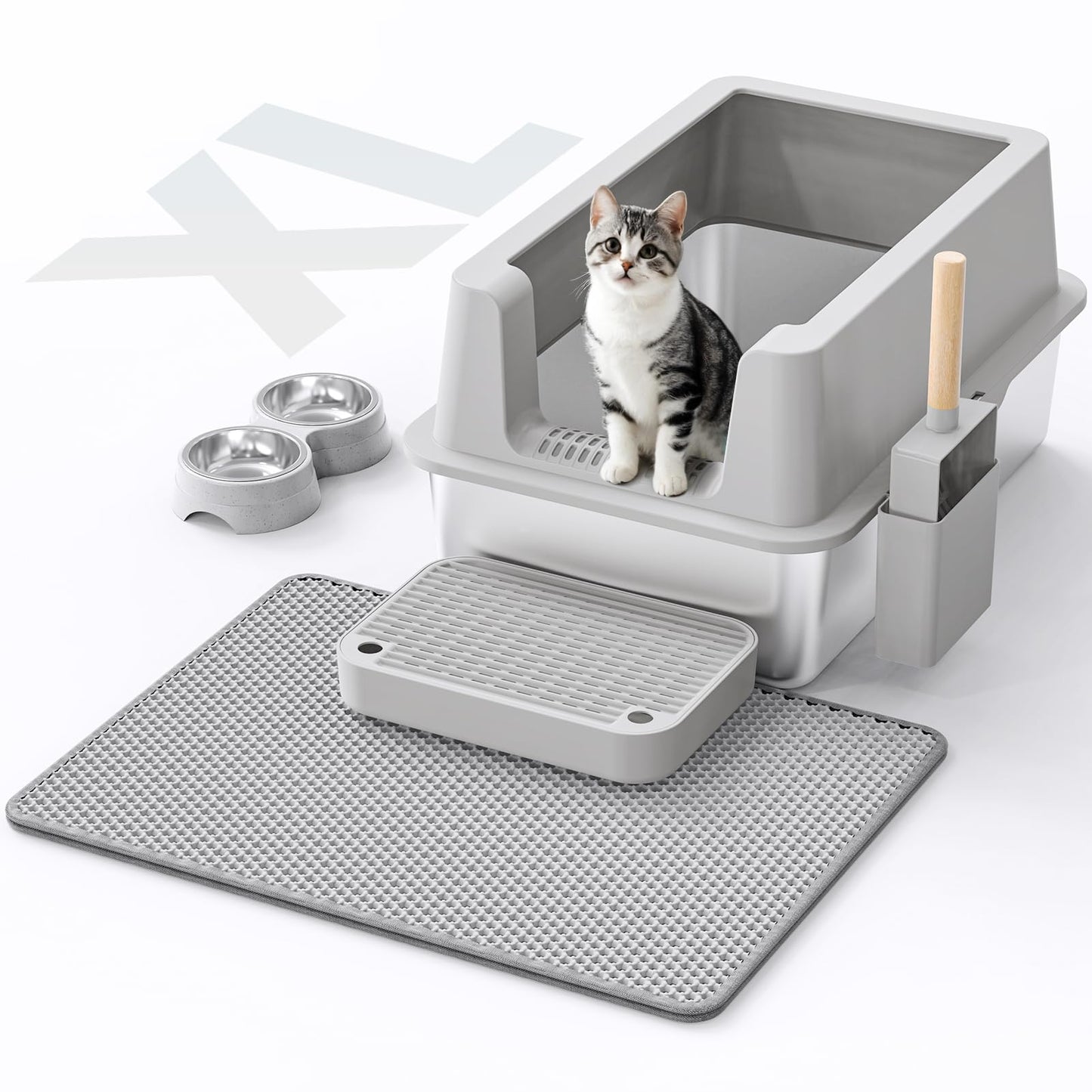 Stainless Steel Cat Litter Box - Enclosed XL Metal Kitty Litter Box with Lid for Big Cats, High Sided, Anti-Leakage, Easy Cleaning, Non-Sticky, Included Litter Mat, Cat Bowl & Spoon