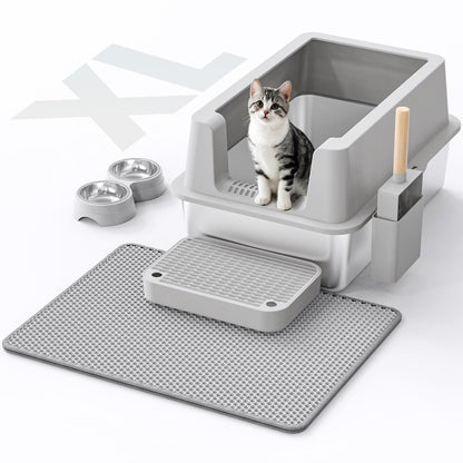 Stainless Steel Cat Litter Box - Enclosed XL Metal Kitty Litter Box with Lid for Big Cats, High Sided, Anti-Leakage, Easy Cleaning, Non-Sticky, Included Litter Mat, Cat Bowl & Spoon
