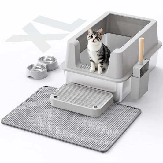 Stainless Steel Cat Litter Box - Enclosed XL Metal Kitty Litter Box with Lid for Big Cats, High Sided, Anti-Leakage, Easy Cleaning, Non-Sticky, Included Litter Mat, Cat Bowl & Spoon