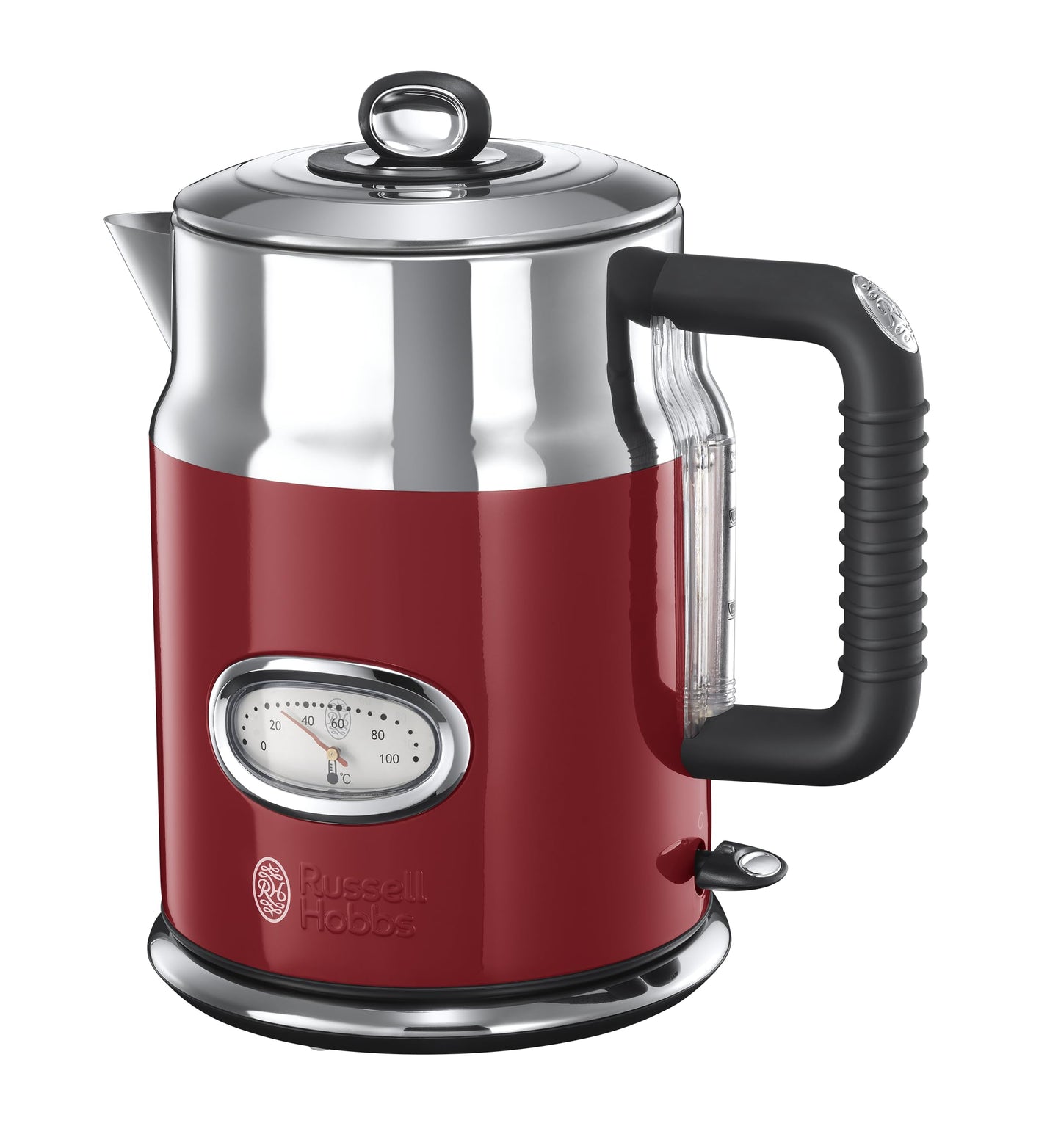 Russell Hobbs Kettle [1.7 L, 2400 W] Retro Red & Polished Stainless Steel (Quick Boil Function, Water Temperature Display in Retro Design, External Water Level Indicator) Vintage Tea Maker 21670-70