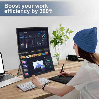 InnoView 15.6" Dual Portable Monitor 1920x1080P FHD 315°Adjustable Dual Stacked Foldable Monitor Built-in Speakers Screen Extender with HDMI/USB-C for Laptop Windows Mac