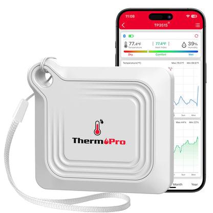 ThermoPro Bluetooth Thermometer Hygrometer, 260FT Range Temperature Sensor Greenhouse Thermometer, Remote App Control Temperature and Humidity Monitor with 2-Year Data Logging Export (TP351)