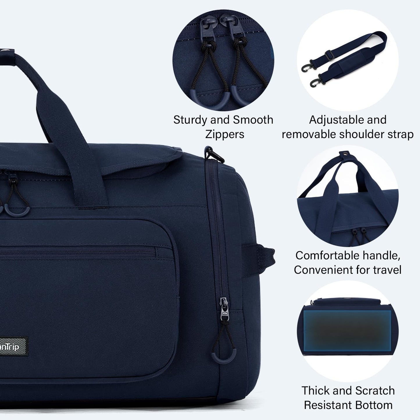 HanTrip Large Travel Duffle Gym Bag with Shoe Compartment, Underseat Carry On Luggage Overnight Weekender Personal Item Workout Bags for Women Men (Navy Blue)
