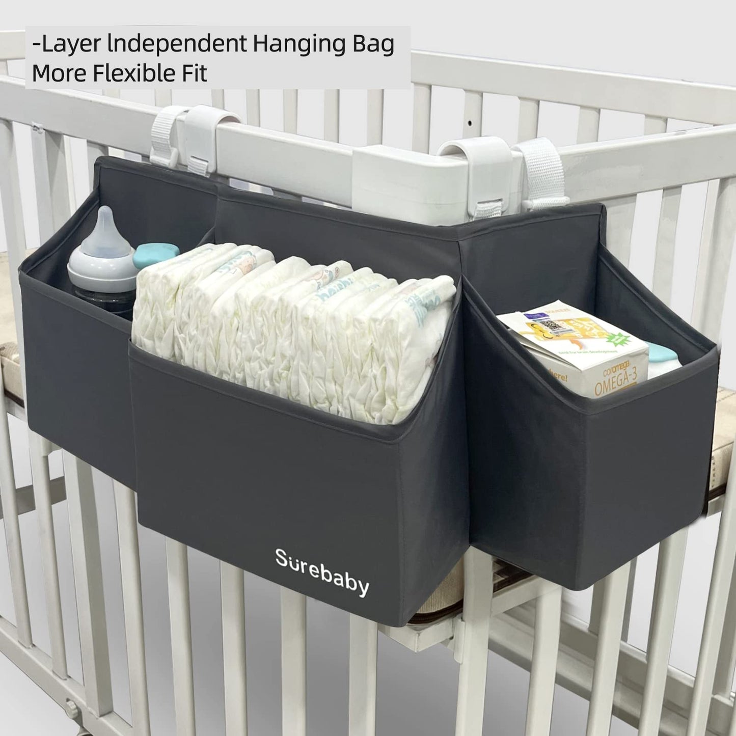surebaby Hanging Baby Diaper Caddy, 3-in-1 Diaper Caddy Organizer Holder For Baby Crib, Nursery Organization Diaper Stacker Storage For Crib, Changing Table, Car, Wall-Grey