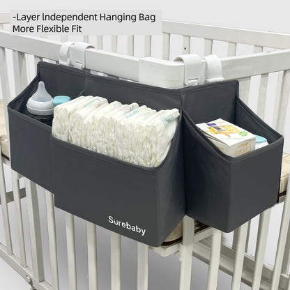 surebaby Hanging Baby Diaper Caddy, 3-in-1 Diaper Caddy Organizer Holder For Baby Crib, Nursery Organization Diaper Stacker Storage For Crib, Changing Table, Car, Wall-Grey