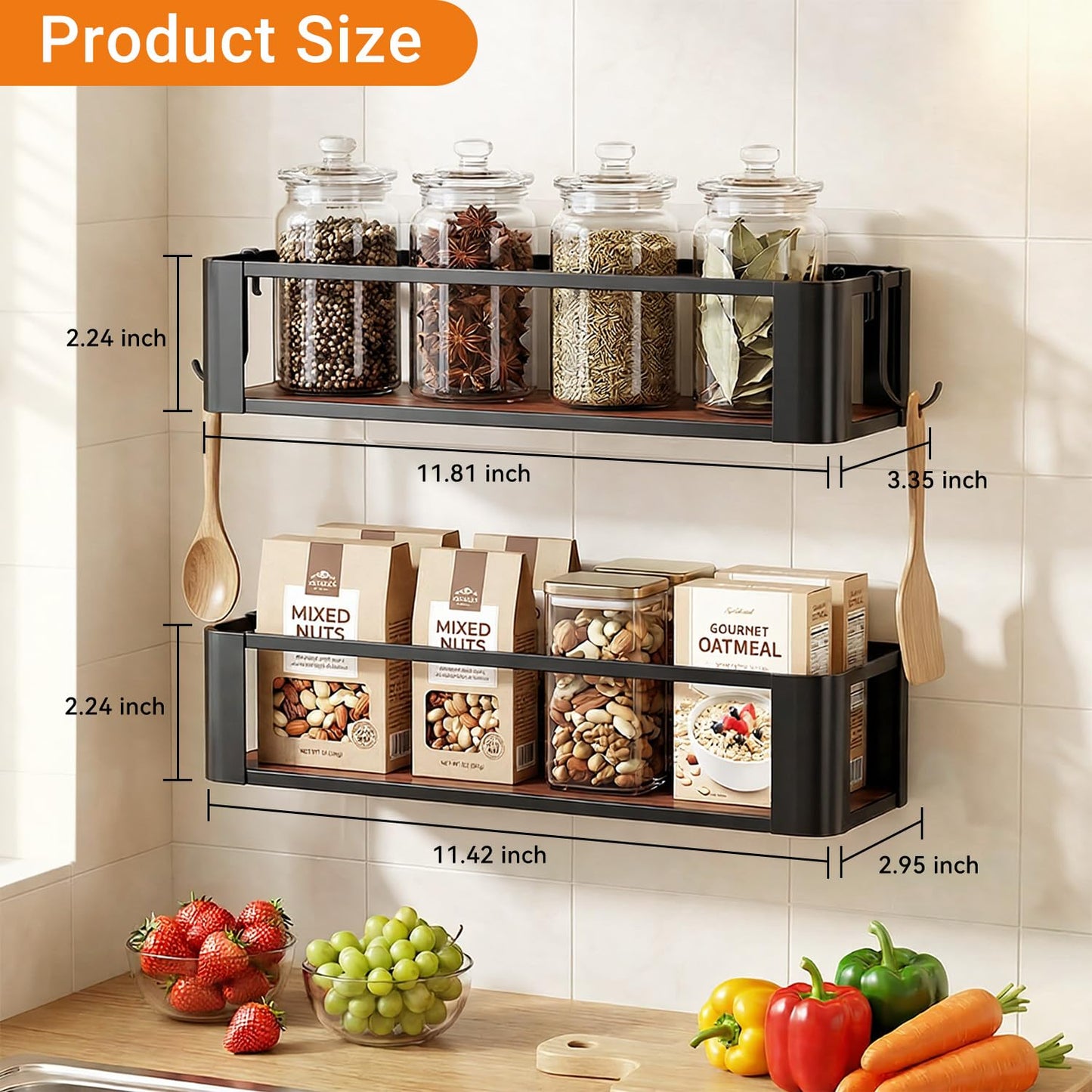 Yvrlo Wall Mounted Spice Rack, Black, 2 Pack
