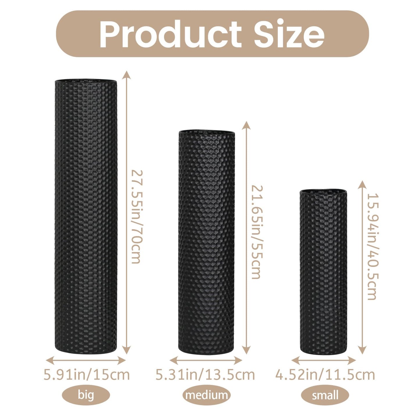 Dnnnii Tall Floor Vases Set of 3 - Black Metal Cylinder Vases for Living Room Corner, Modern Honeycomb Texture, Extra Large Standing Decor (Tallest 27.6in, Home Bedroom Dining Decor)