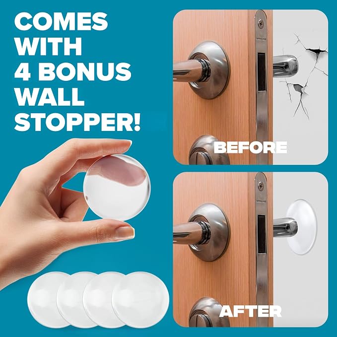 STRONGEST HOME Stoppers for Bottom of Door – Heavy Duty Metal Rubber Door Stopper, Non-Slip Door Stop for Heavy Doors, Works on Wood, Tile & Carpet Floors, Folding Black 4 PC + 4 White Wall Protectors