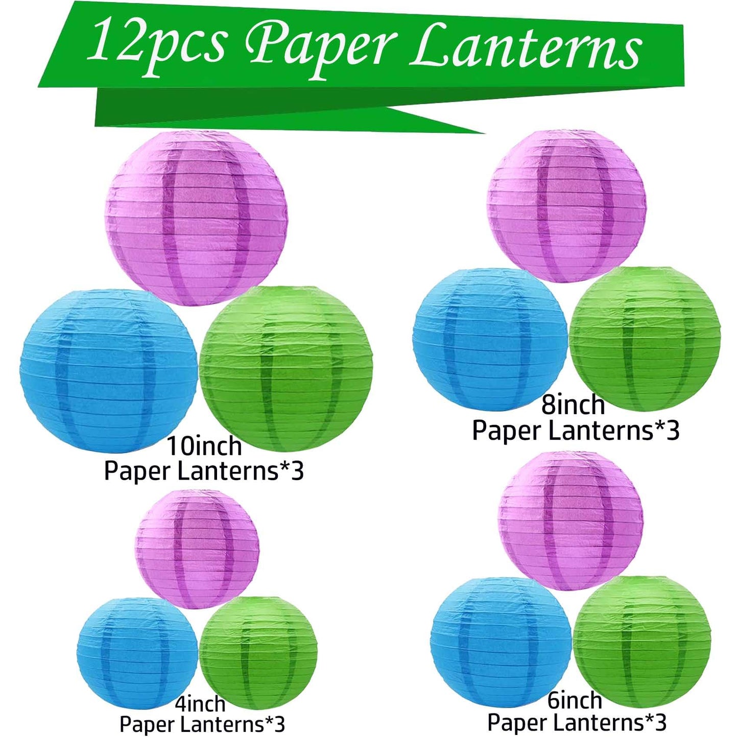 KUNYYI Purple -Green and Blue Paper Lanterns 12Pcs Hanging Lanterns for Birthday Party, Wedding, Home Decor, Baby Shower Festive Decoration