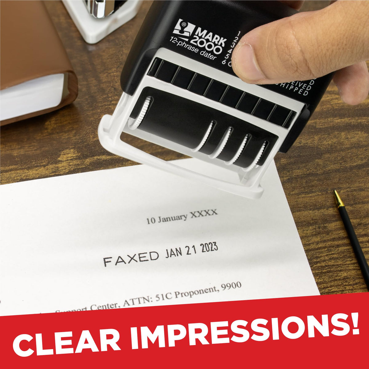 Mark 2000 12-Phrase Dater - Self-Inking Stamp - Blue Ink, Red Date