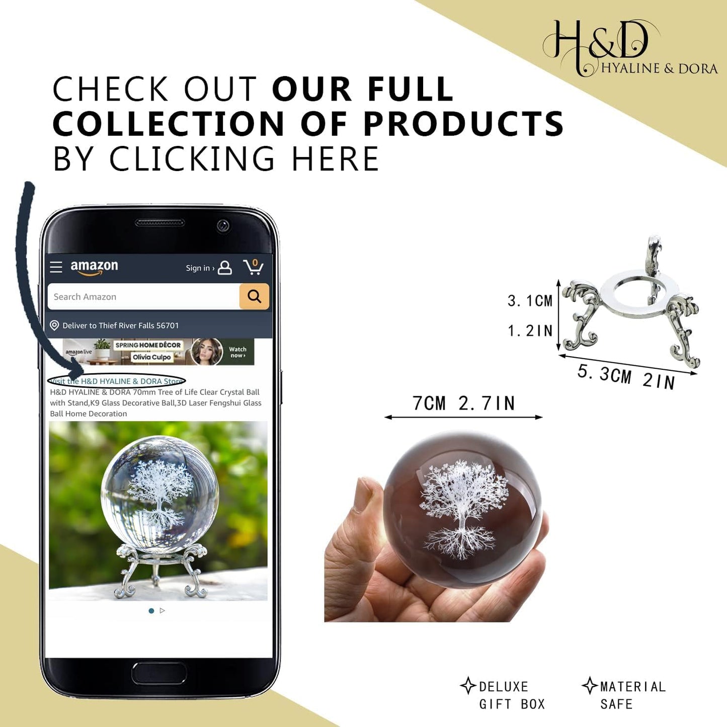H&D Hyaline & Dora 70mm Tree of Life Clear Crystal Ball with Stand, K9 Glass Decorative Crystal Ball, 3D Laser Fengshui Home Decoration