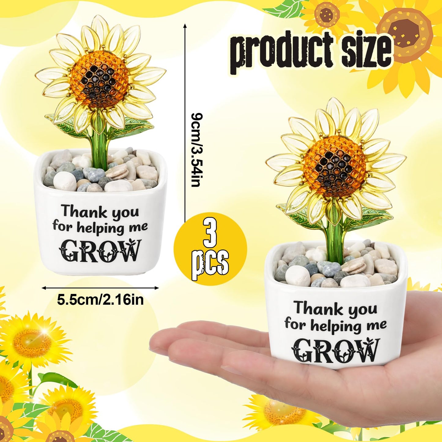 Remerry 3 Pcs Teacher Appreciation Week Gift End of Year Glass Pot Thank You for Helping Me Grow Figurine Glass Sunflower Figurine Bulk Inspirational Plant Pot for Teacher Table Decor