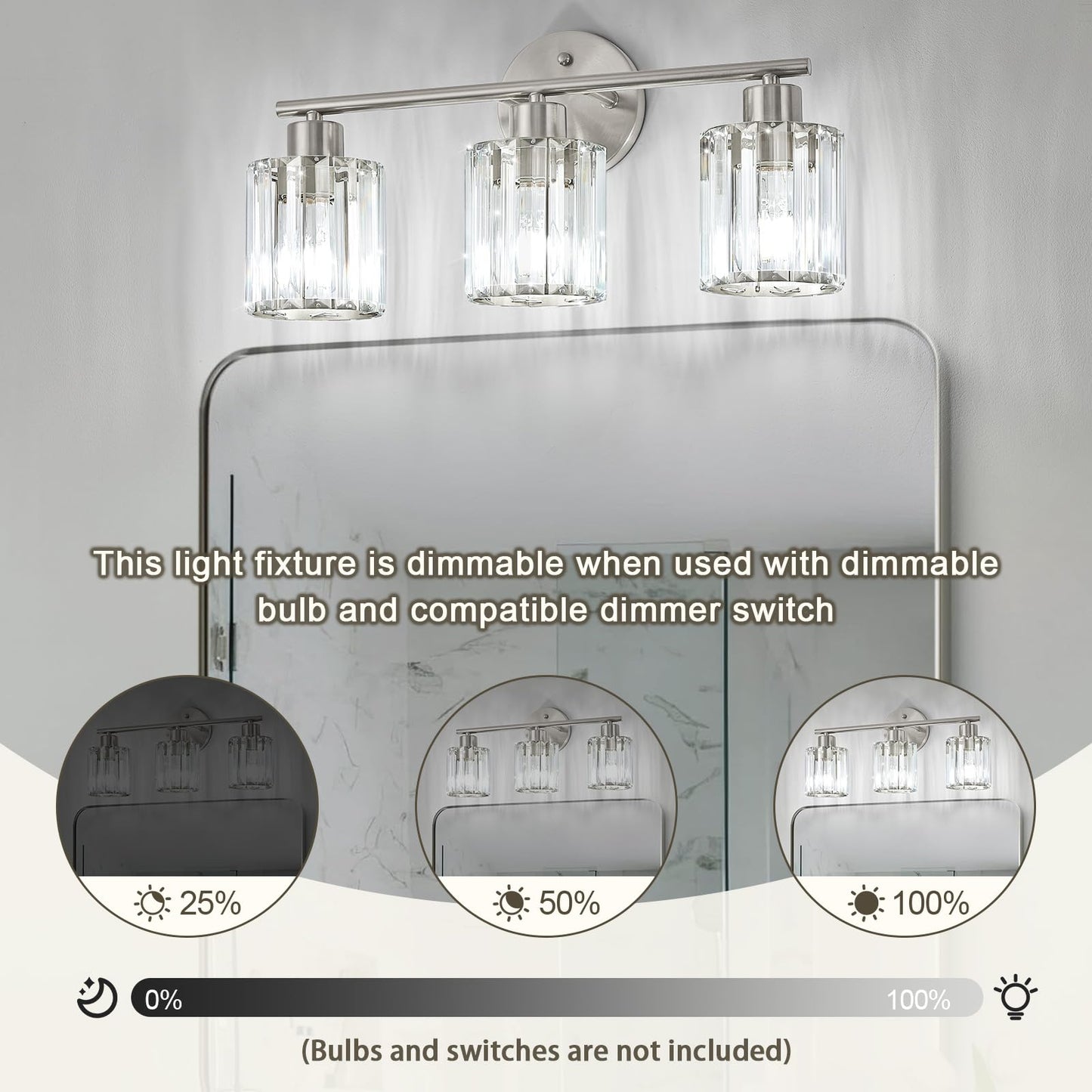 Kvhiiw Crystal Bathroom Light Fixtures, Bathroom Lighting Fixtures Over Mirror, Modern 3-Light Brushed Nickel Vanity Lights for Mirror, Restroom, Kitchen(Ceramic E26 Socket,Bulbs Not Include)