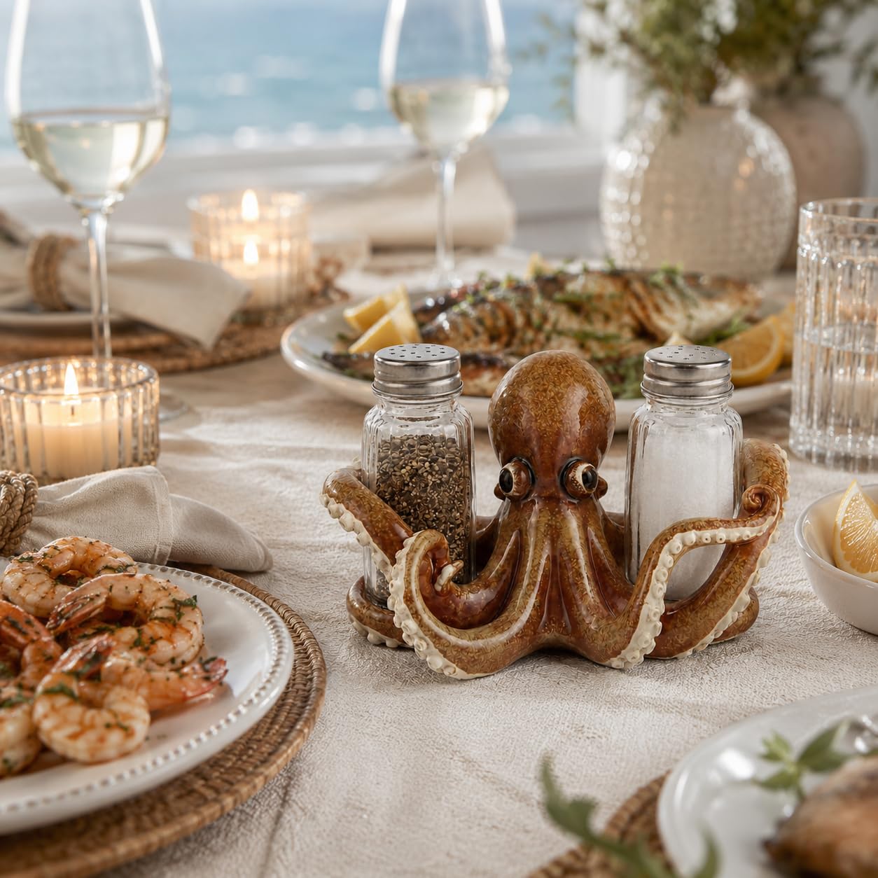 Comfy Hour Decorative Octopus Salt and Pepper Shaker Duo, Artisan Crafted Coastal Sea Life Figurine Holder for Kitchen Tabletop, Includes 2-Count Glass Bottles, 6.1"L x 4.3"W x 3.5"H, Brown Resin
