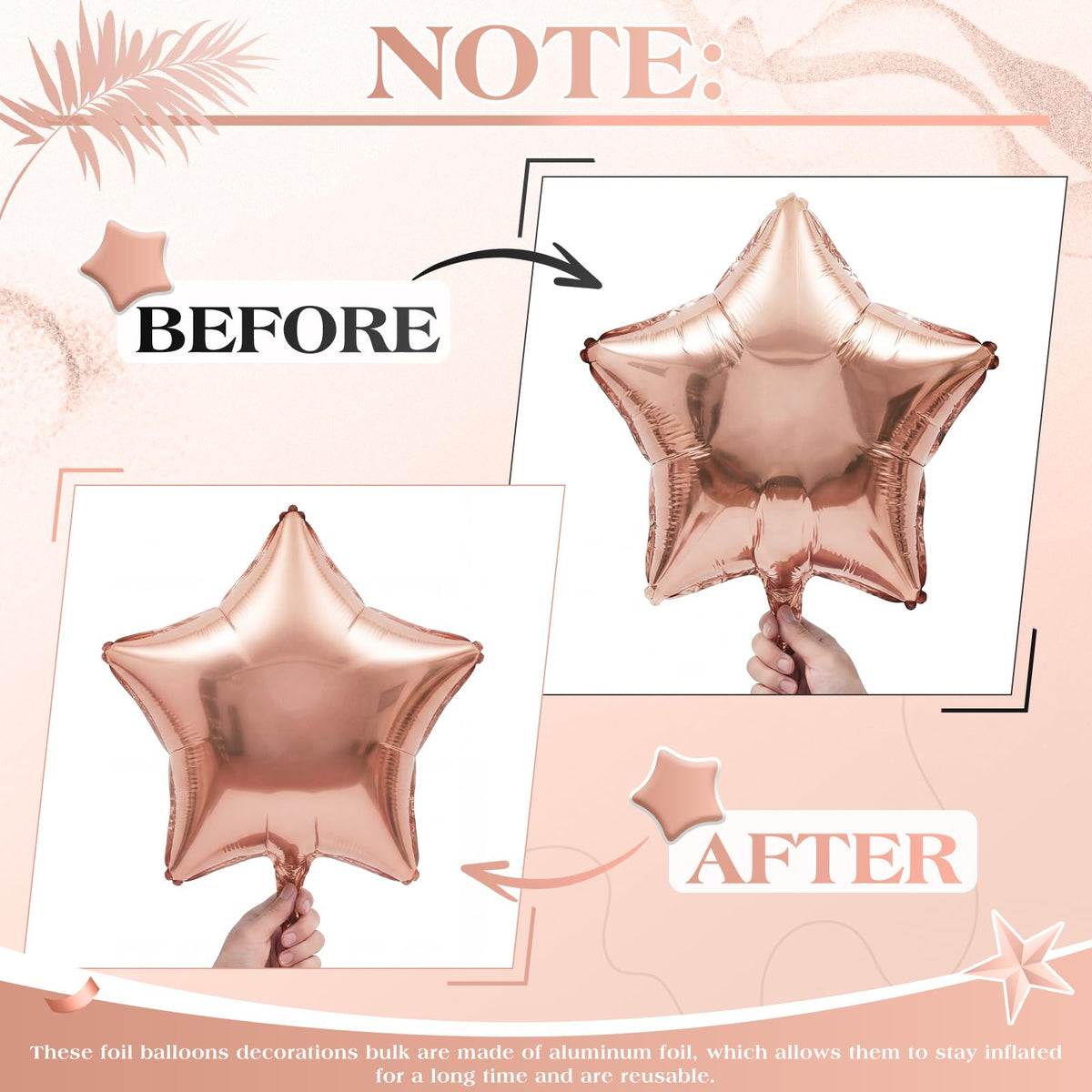 Duraaamo 30 Set Star Foil Balloons Bulk 22 Inch Metallic Star Balloons and Stars Banner and Satin Ribbon for Ceiling Birthday Ornaments Party Decor(Rose Gold)
