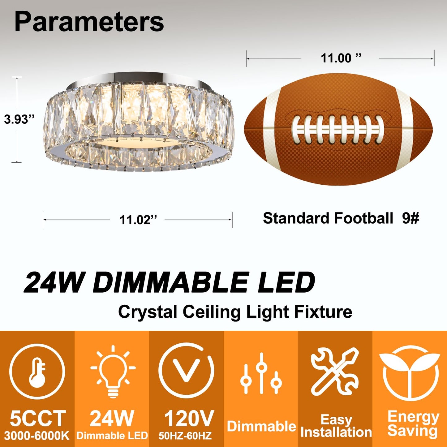 Suenigle Dimmable Modern Luxury Crystal LED Flush Mount Ceiling Light,11 Inch 24W/5CCT 3000K-6000K Chrome Small Close to Ceiling Lighting Fixtures for Kitchen,Entryway,Laundry Room,Porch,Hallway