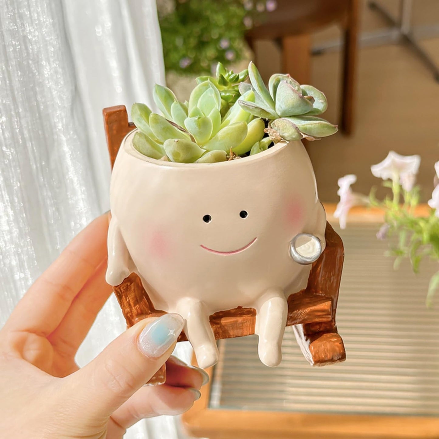 NMOHYDEU Smiley Face Planter Pot, Cute Rocking Chair Flower Pot, Small Resin Head Planters for Indoor Plants, Succulent Planter for Home Decor, Plant Lovers Gift for Birthday Christmas