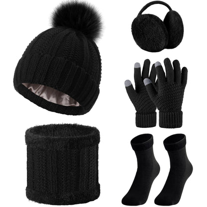 SATINIOR 5 Pcs Winter Satin Lined Hat Scarf Gloves Set Knit Pompom Beanie Warm Touchscreen Glove Earmuff Ear Warmer for Women(Black,Stylish Style)
