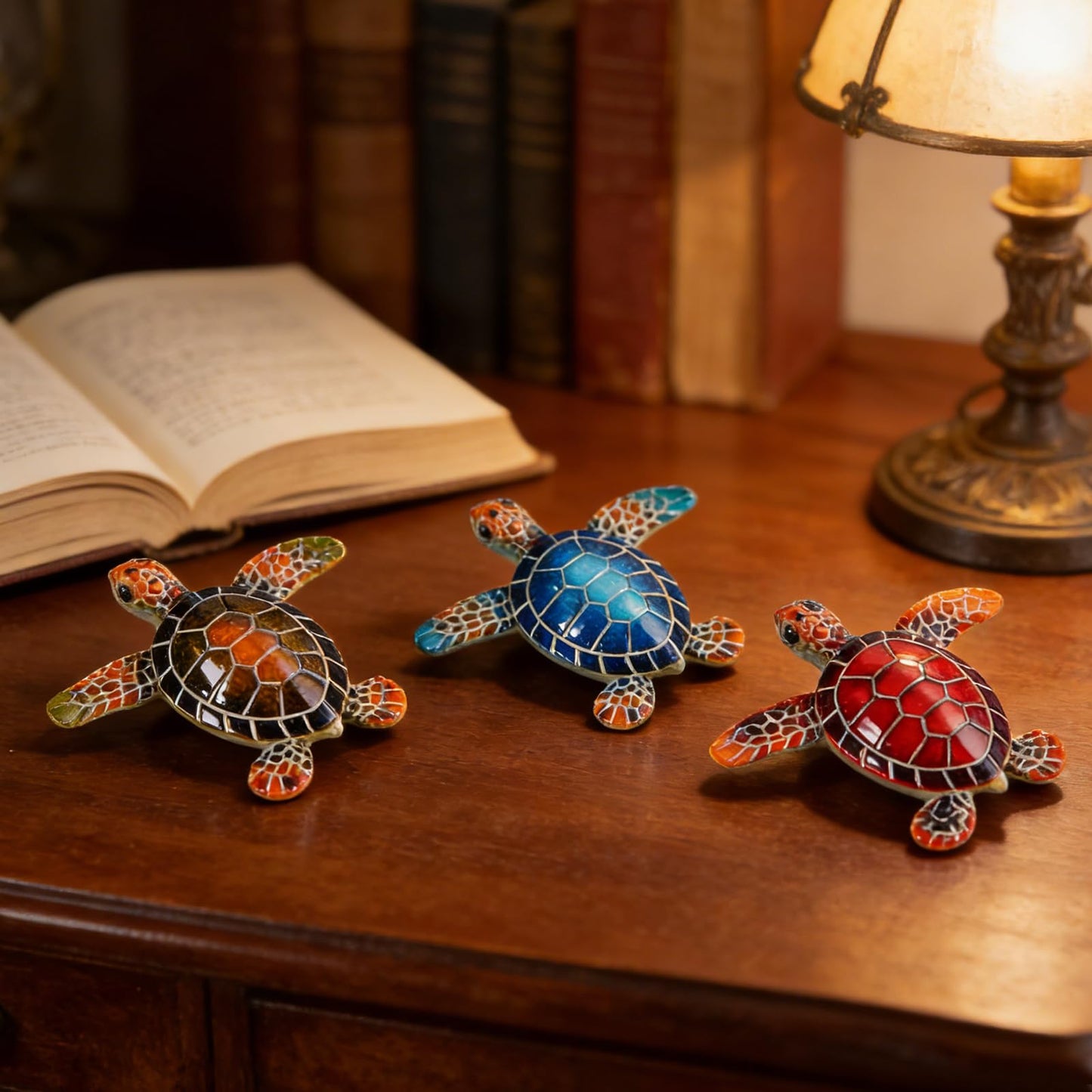 Brizoria Sea Turtle Decor Mini Turtles Vibrant Mosaic Shell Resin Figurines for Ocean Decor Coastal Tabletop Shelf Beach Themed Room Decor and Sea Turtle Gifts, Red