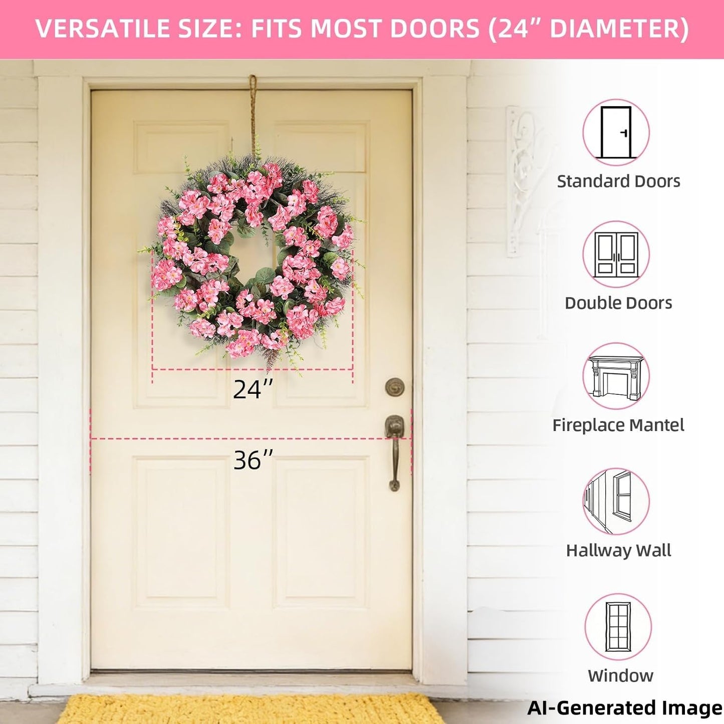 KuiMen Spring Summer Wreaths for Front Door 24 Inch Pink Artificial Geranium Wreath with Blessed Hanging Sign for Indoor and Outdoor Decor