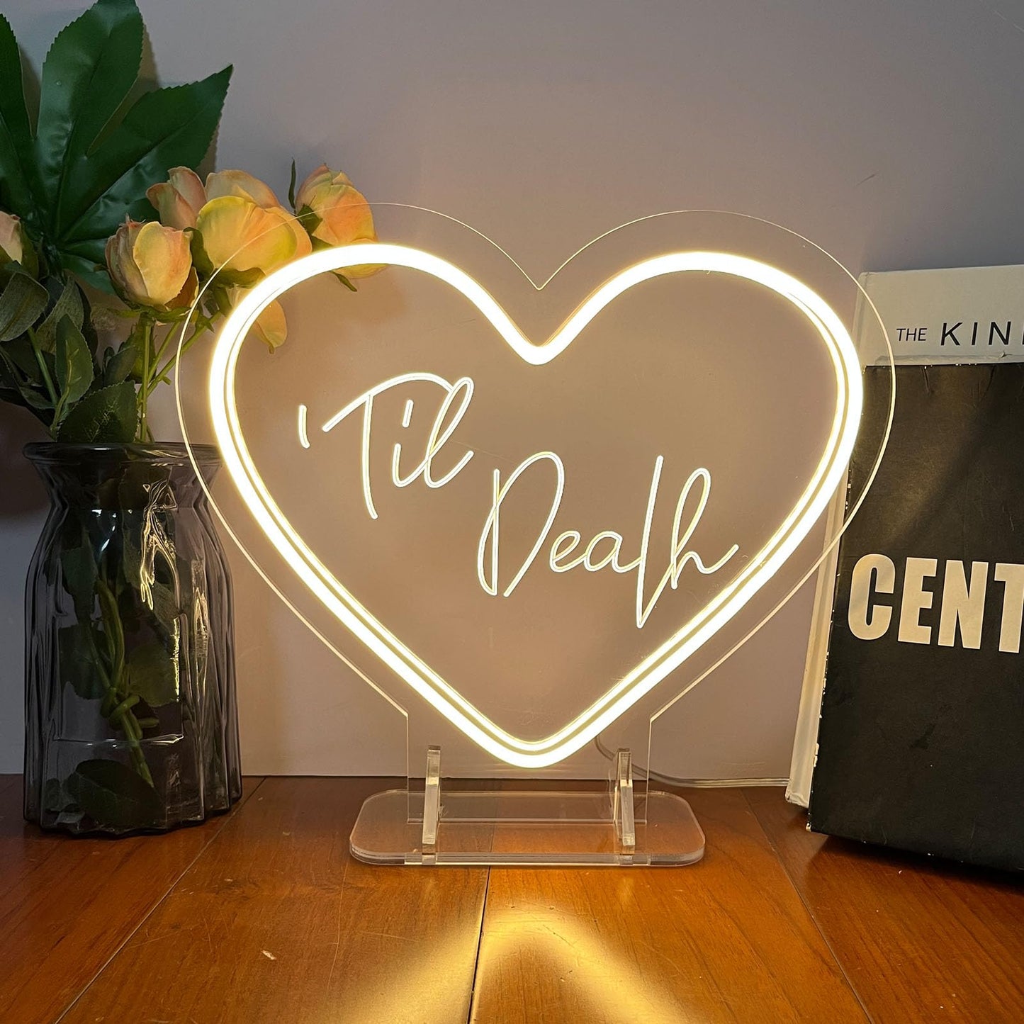 Til Death Neon Sign Desk Lamp for Wall Decor Night Light Wedding Letter LED Neon Sign Wedding Table Decorations Neon Light Bedroom Home Room Decor Christmas Party Warm White USB 30×26CM