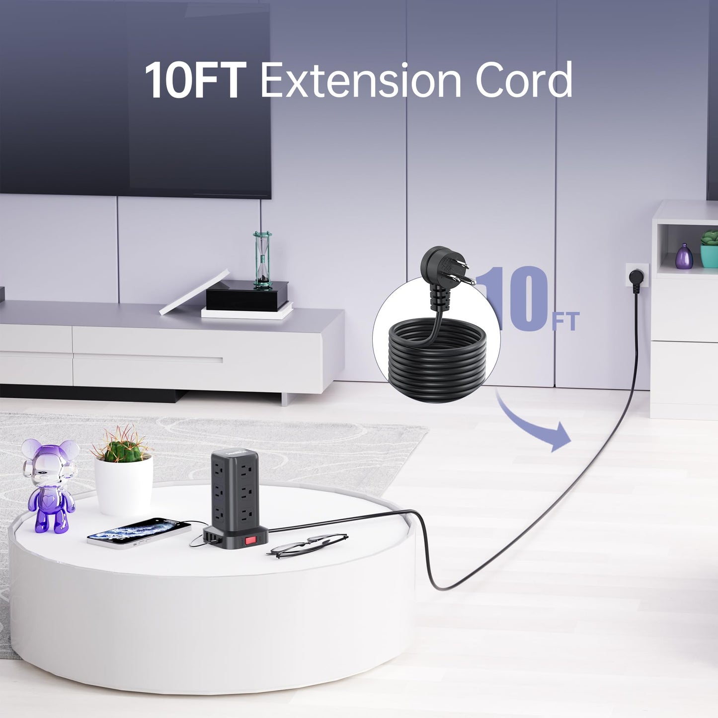 Extension Cord with Multiple Outlets, Surge Protector Power Strip Tower, 12 AC 4 USB，Surge Protector Tower 6.5FT Overload Protection for Home Office