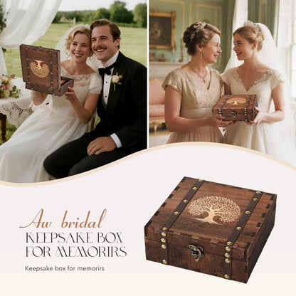 AW BRIDAL Wedding Keepsake Box with Tree of Life Engraved, Wood Decorative and Storage Boxes, Bridal Shower Gifts for Bride, Engagement Gifts for Couples Newly Engaged, Anniversary Marriage Presents
