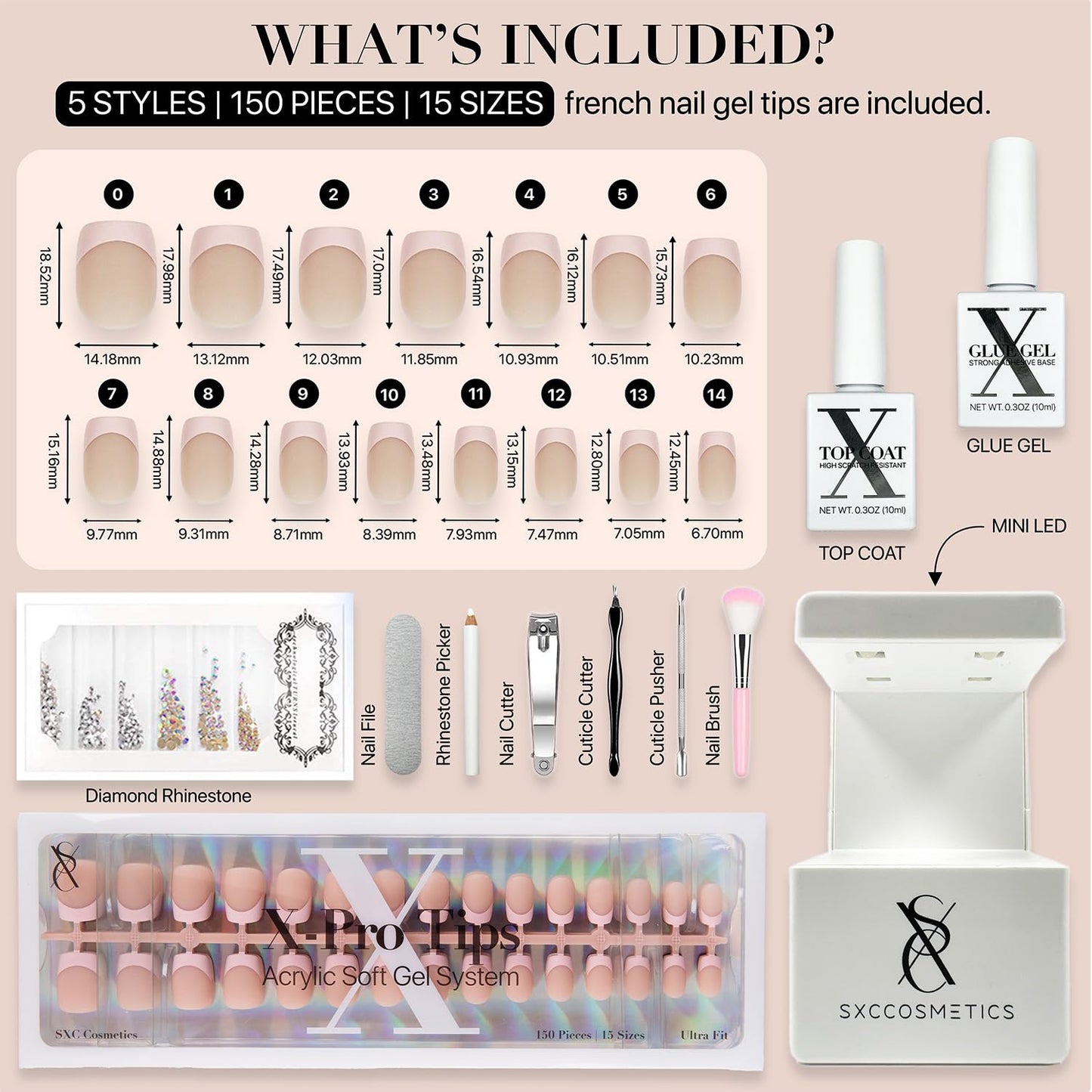 SXC Cosmetics French Tip Press On Nails - Skin Tone Nude and Color Series, Short Coffin X-Pro Tips Starter Kit ST119KIT