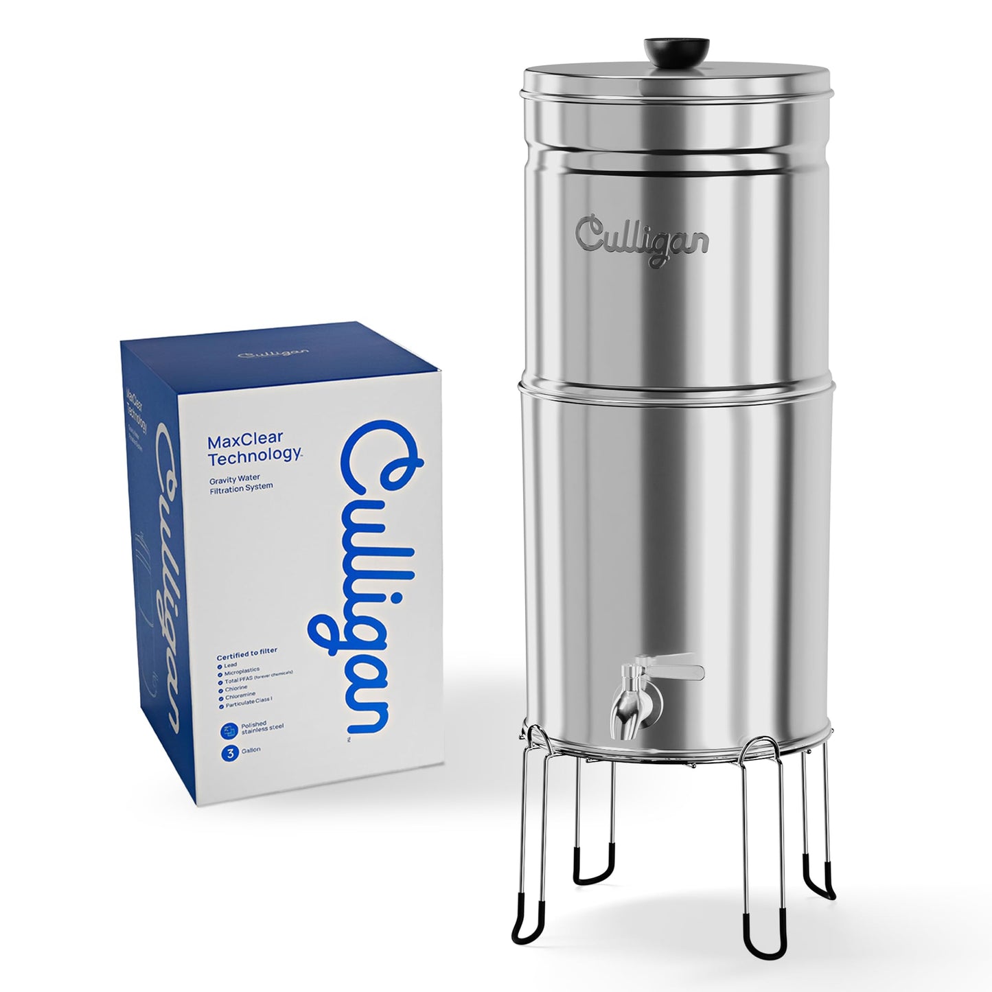 Culligan MaxClear 3 Gallon Gravity Water Filter System, Polished Stainless-Steel Countertop Water Filter NSF/ANSI Certified to Reduce Microplastics, Lead & Total PFAS, with 1 Ceramic Filter