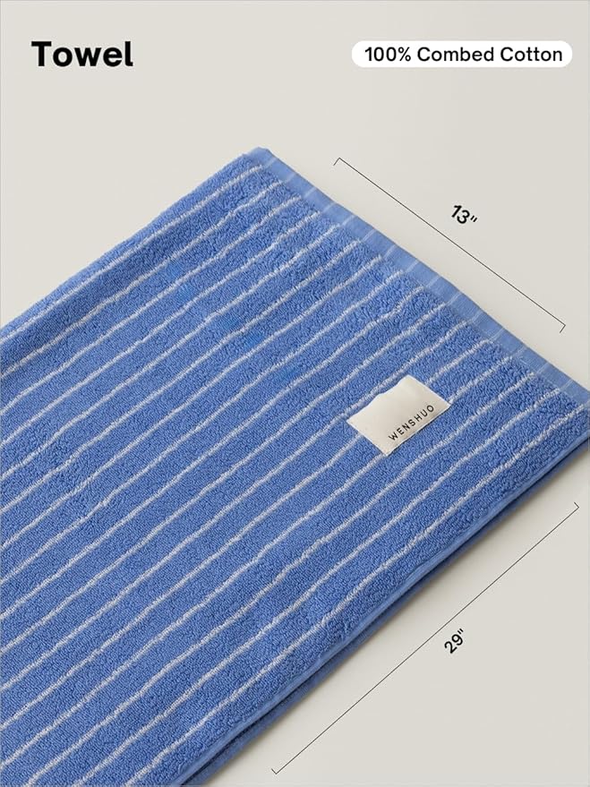 WENSHUO Azure Holiday-Striped Pure Cotton Hand Towel, 100% Combed Cotton