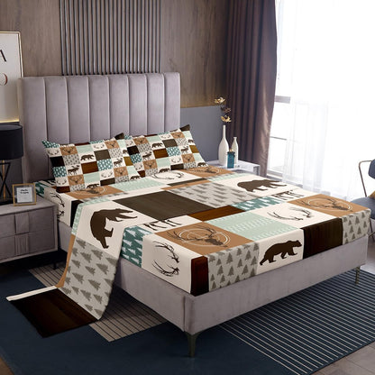 Castle Fairy Wild Animal Hunting Fitted Sheet Full Size,Rustic Bear Deer Antler Arrow Patchwork Bed Set for Girls Teens Room Plaid Retro Country Board Polyester Bedding with Flat,Fitted,2 Pillowcases