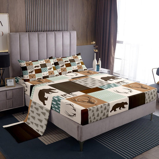 Castle Fairy Wild Animal Hunting Fitted Sheet Full Size,Rustic Bear Deer Antler Arrow Patchwork Bed Set for Girls Teens Room Plaid Retro Country Board Polyester Bedding with Flat,Fitted,2 Pillowcases