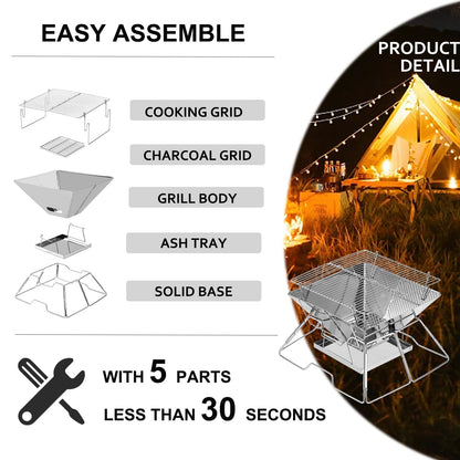 Portable Fire Pit BBQ For Camping: Stainless Steel Folding Firepit Small Barbecue Charcoal Grill For Garden, Outdoor, Campfire