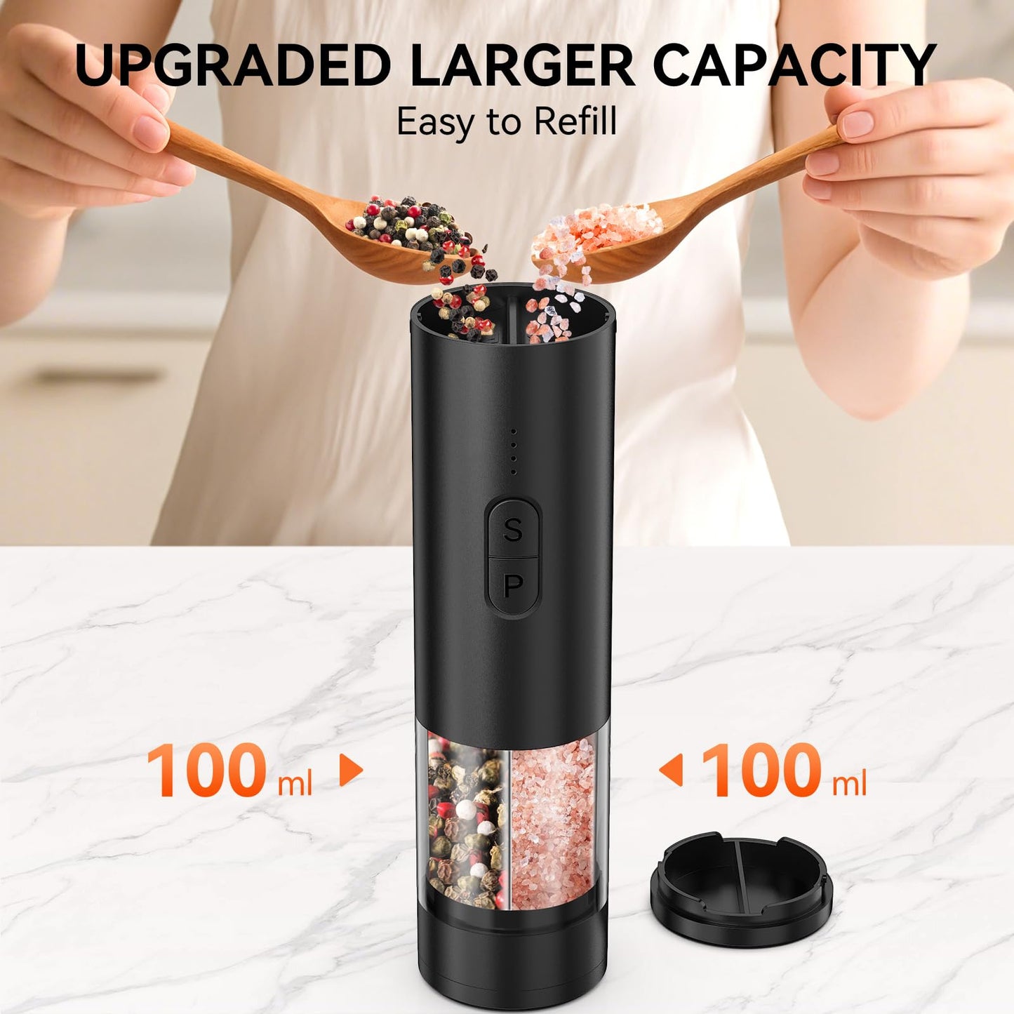 Electric Salt and Pepper Grinder Set 2 in 1, USB Rechargeable, Automatic Salt and Pepper Mill Shakers with LED Light, Battery Display, Adjustable Coarseness, Ideal for Kitchen Outdoor BBQ Gift