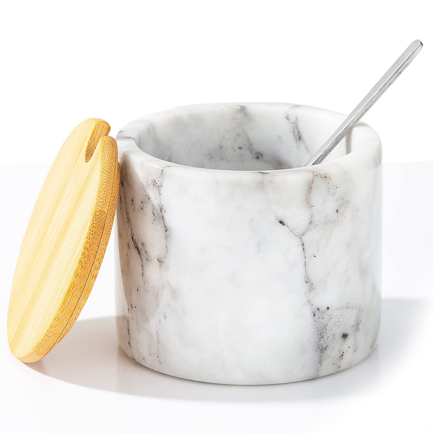 NHKRTE 15 Ounce Marble Salt Shaker with Lid and Spoon, white