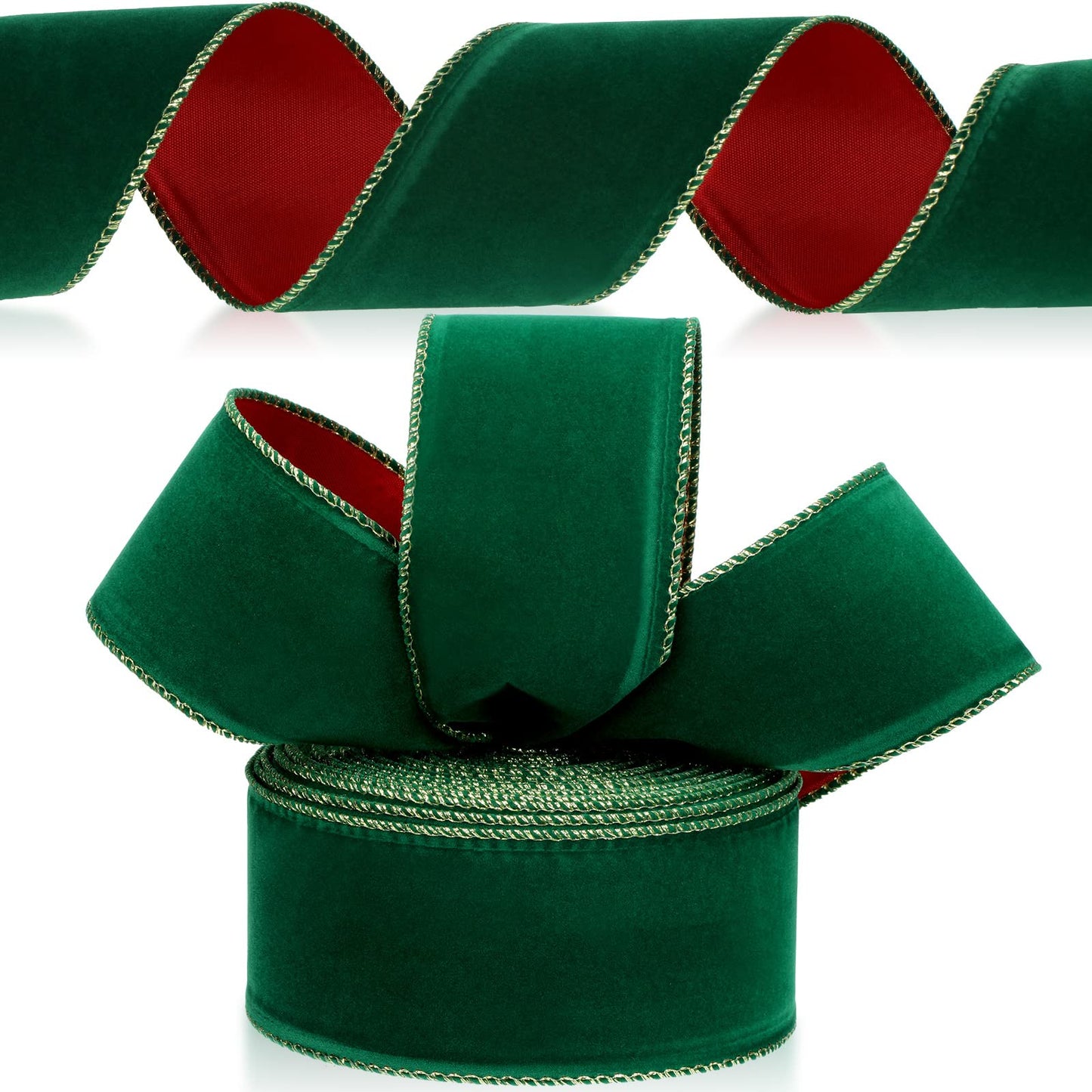 Yungyan Velvet Ribbons with Gold Edge Felt Ribbon Gift Bow Wrapping Ribbon Waterproof for Handmade, Home Decor, Gift Wrapping, Wreath DIY Crafts, Christmas Tree(Green Red,2.5 Inch X 35 Yards)