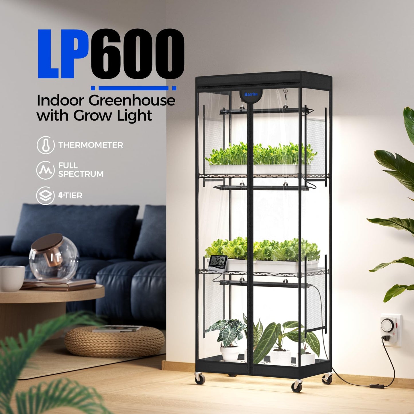 Barrina LP600 Indoor Greenhouse with Grow Light, 75W TX-S25 1.6FT 5000K, 4-Tier Plant Stand with Full Spectrum Lights, Plant Shelf with Tent, Timer & Thermometer for Seed Trays,Growth,23.6x13.8x59.1IN