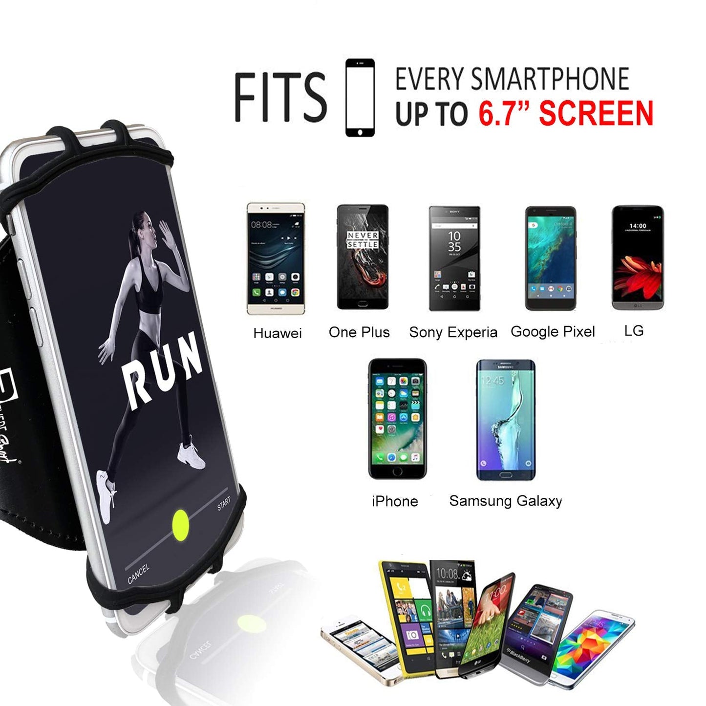 RevereSport Universal iPhone Running Armband (17/16/15/14/13/12/11/10/X/XR/SE/Air/Plus/Max/Pro). Phone Holder Case