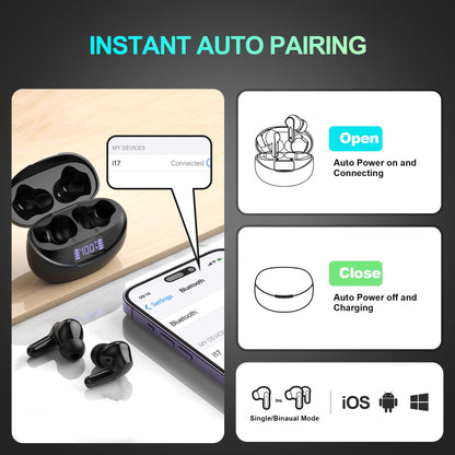 Wireless Earbuds Ear Buds Earphones-Bluetooth 5.3 USB C Mini Headphones Touch Control with Microphone Hi-Fi Stereo Sound Deep Bass CVC Noise Cancelling Dual LED Display 35H Playtime Water-Resistant