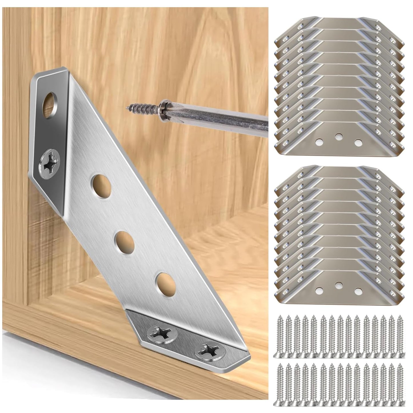 20-Pack Heavy Duty Stainless Steel L Brackets for Wood - 90° Corner Braces with Screws Included, for Furniture, Shelves, Cabinets & DIY Projects