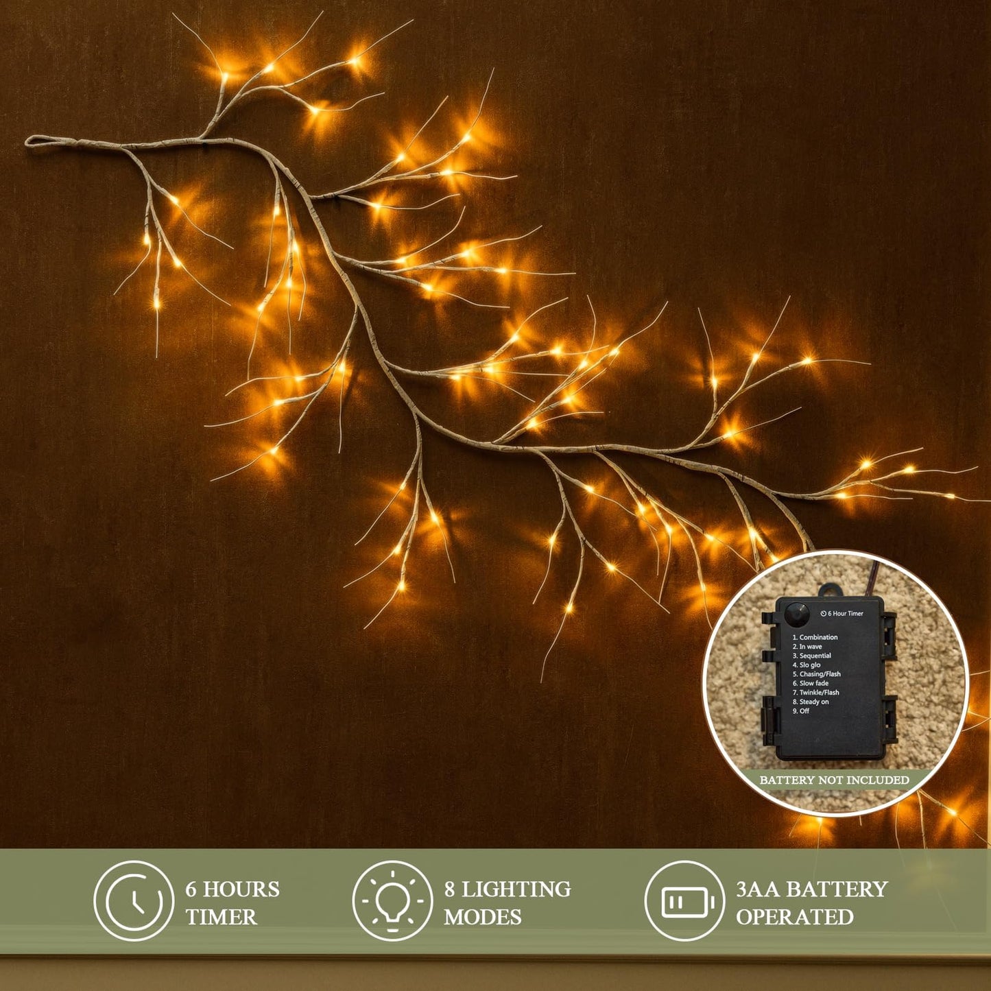 White Birch Garland with Lights 6ft 72LED, Battery Operated Twig Vine with Timer, Lighted Birch Tree for Walls Home Mantle Decoration Indoor Outdoor