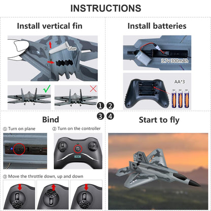 HAWK'S WORK 2 Channel Airplane, F-22 RC Plane Ready to Fly, 2.4 GHz Remote Control Airplane, Glider for Kids & Beginners