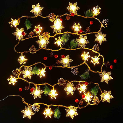30 Led 10ft Christmas Garland Snowflake Lights, Pine Cones Red Berry Battery Operated Fairy String Lights 8 Lighting Modes with Timer Indoor Outdoor Tree Decor Fireplace Mantle Decorations Warm White